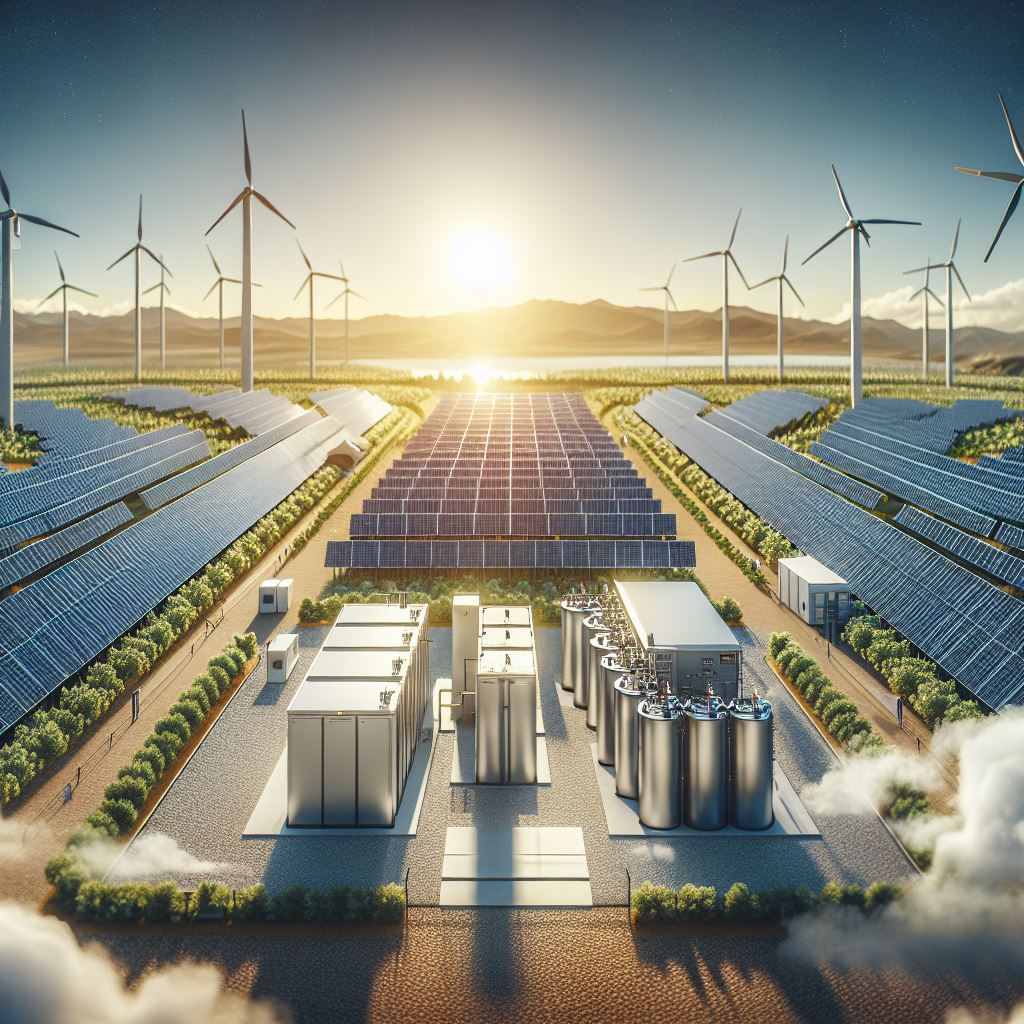 AI image of hybrid farm - solar, wind and storage