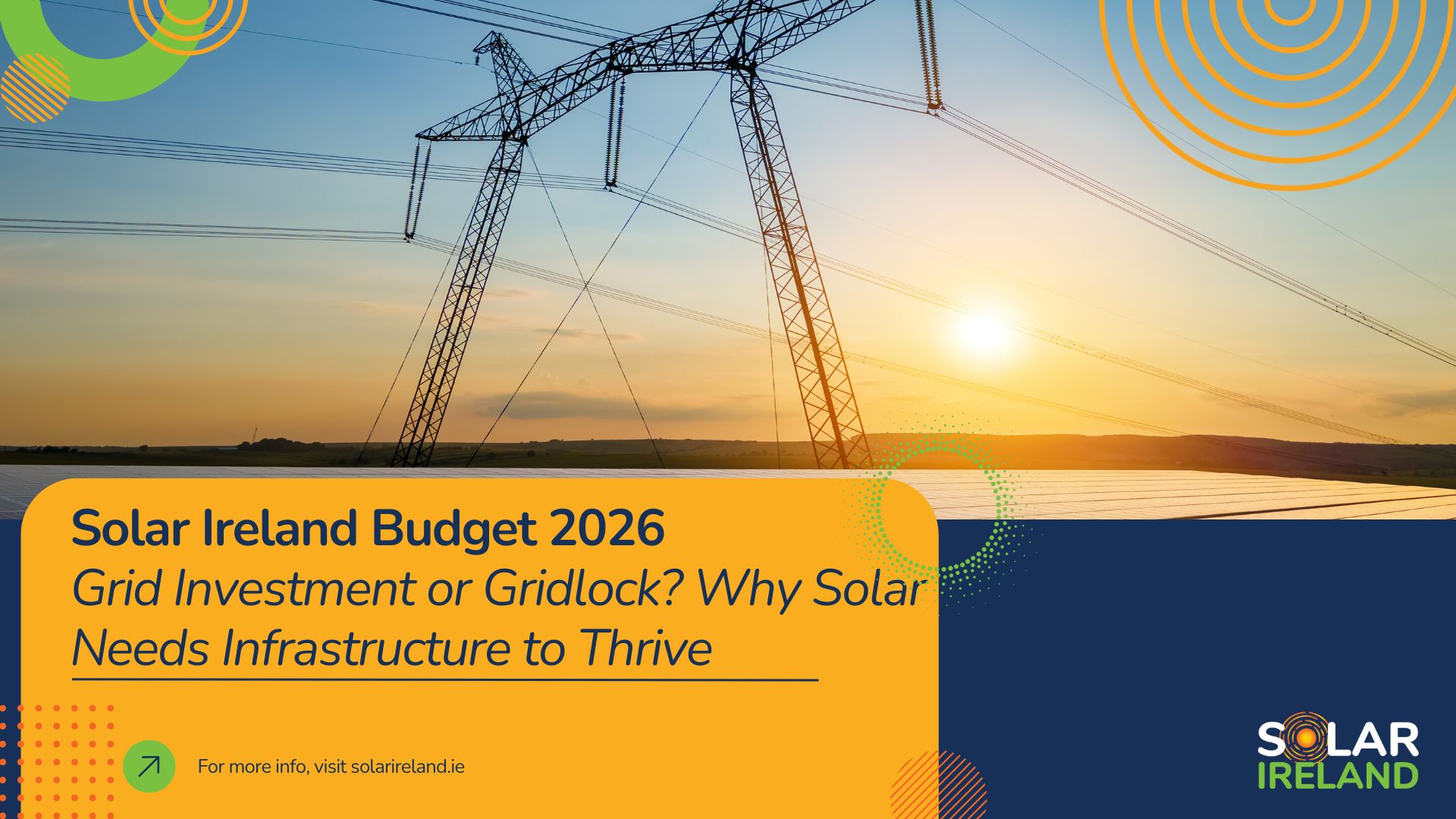 Solar farm with electricity grid in the horizon, and the article title