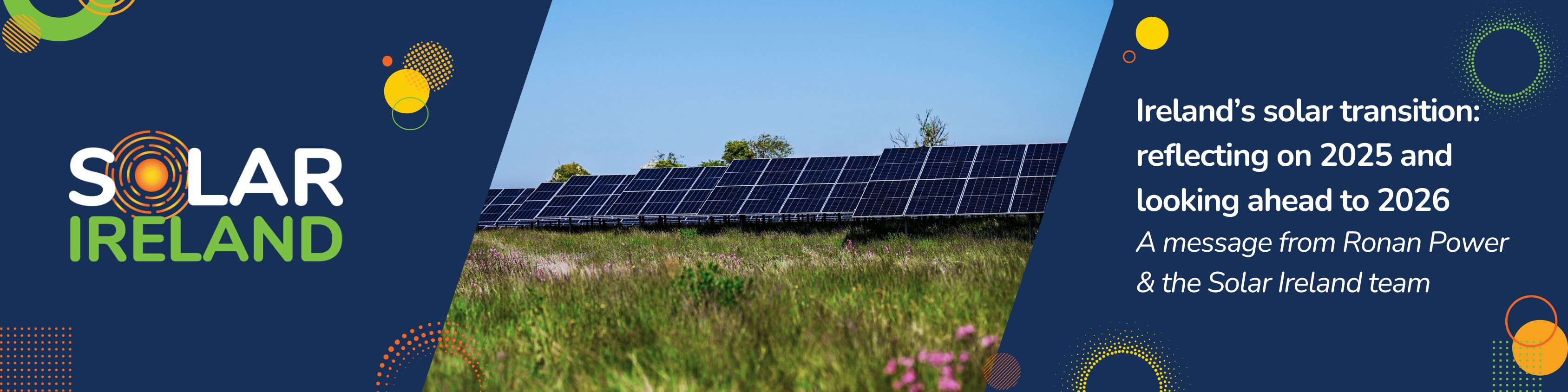 Solar panels in a green field with title: Ireland’s solar transition: reflecting on 2025 and looking ahead to 2026