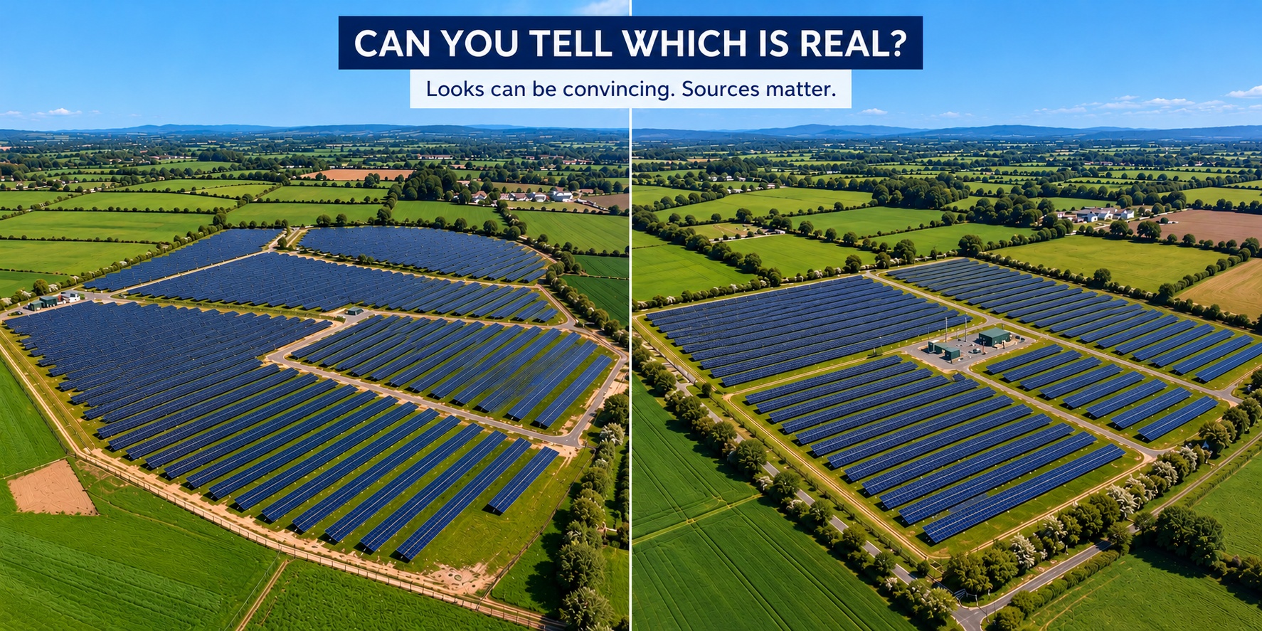 Left: Bullstown Solar Farm, photographed in Ireland. Right: an entirely AI-generated image. No such photograph or solar farm exists.