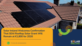 Home with solar pv on rooftop and title: Solar Ireland Welcomes Confirmation That SEAI Rooftop Solar Grant Will Remain at €1,800 for 2026